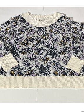 LOFT Floral Cream Sweater Large Wool Mohair Blend Super Soft Fall Winter Purple